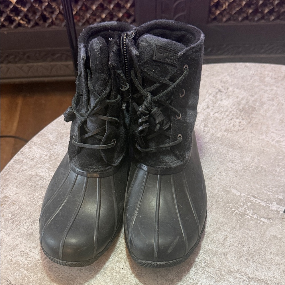 Sperry Black Plaid Lace-Up Rubber Duck Boots